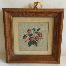 Vintage Needlepoint STRAWBERRIES Heavy Oak Frame Under Glass - Maine
