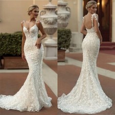 Sexy Mermaid Wedding Dresses Spaghetti Strap Backless Lace Applique Bridal Gowns