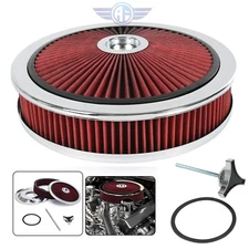 14" X 3" Round Red Thru High Flow Washable Air Cleaner w/ Chrome Lid For SBC BBC
