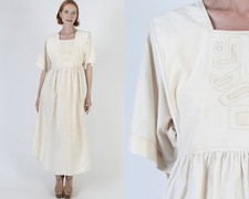 Vtg Sergio Bustamante Designer Caftan Dress Embroidered Bell Slv Cotton Kaftan