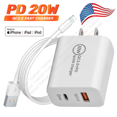 For iPhone 14 13 12 11 X 8 iPad 20W Fast Wall Charger US Block USB Adapter Cable