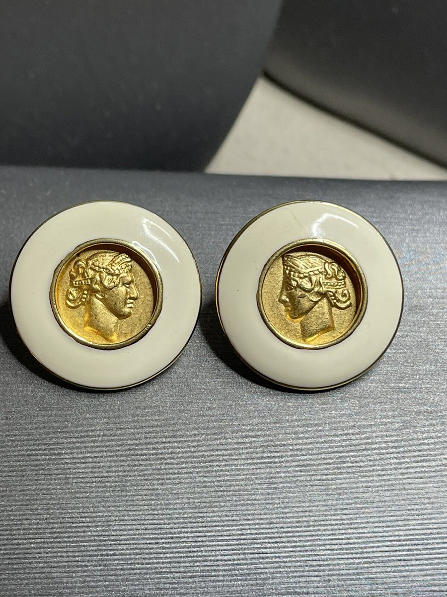 Monet Roman Greek Grecian God Goddess Gold Tone White Enamel Post Earrings