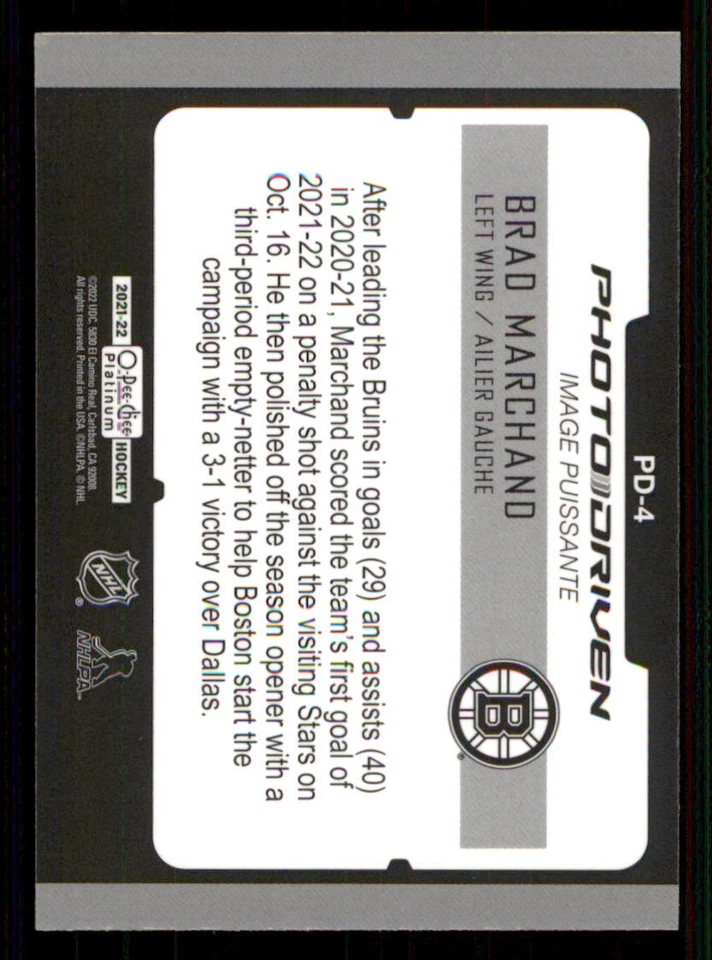 2021-22 O-Pee-Chee Platinum Photo Driven #PD4 Brad Marchand - Image 2 of 2