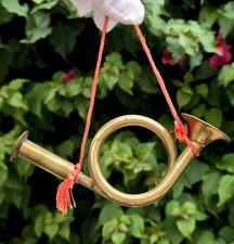 WORKING Vtg Brass Fox Hunting French Horn India Christmas Ornament Red Tassles