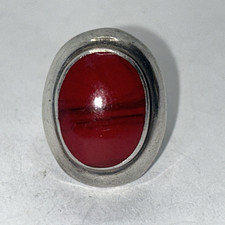 Heavy Vintage Mexico 925 Sterling Silver Red Coral Ring Size 5.5 ati