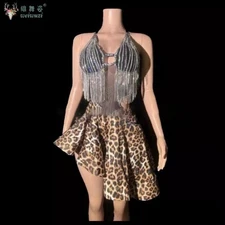 Latin Dance Competition StageShow CustomTassel Flash Diamond Leopard print Rumba