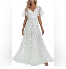 Pretty Women's Sequin Sparkly V-Neck Short Sleeve Evening Dress Floor Length