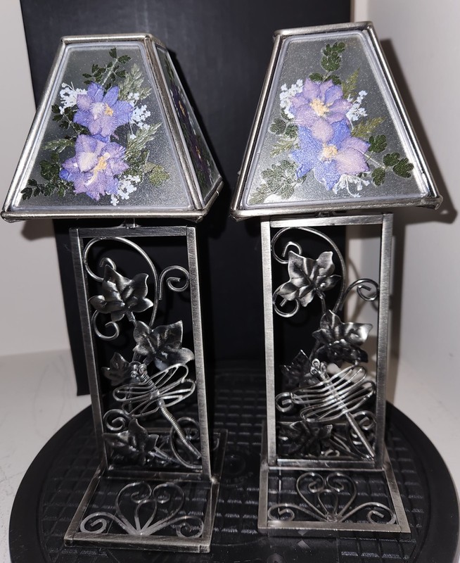Dragonfly Purple Flowers  TWO (2) T-Light Candle Pedestal Glass Top-Beautiful!