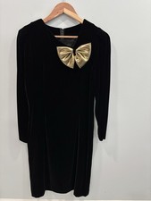 Halston III Black Velvet Dress Gold Bow Detail Size 6 Cocktail Party Vintage