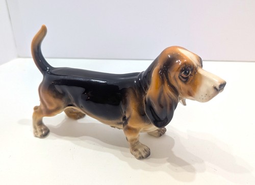 Vintage Shafford Blue Ribbon Basset Hound Porcelain Figurine Japan 8" Foil Label