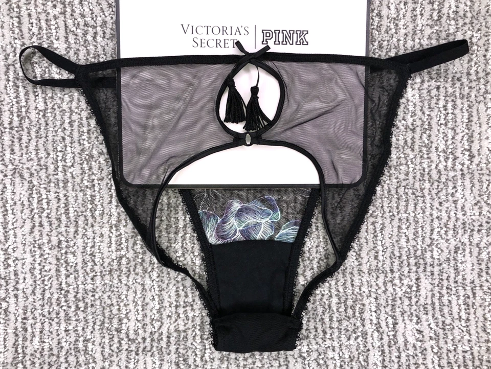 Braguita de bikini Victoria's Secret nueva con etiquetas mediana negra bordada orquídea espalda abierta cuerda Foto 2 de 4