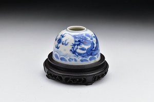 Signed Chinese Kangxi Period Porcelain Brush Pot with Dragon and Wood Stand