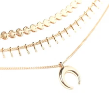CRESCENT MOON Pendant NECKLACE Three Strand GOLD Tone Chain FEMALE EMPOWERMENT