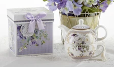 Delton Porcelain Tea for One Gift Set Stacked Teapot & Cup PURPLE ELEGANCE