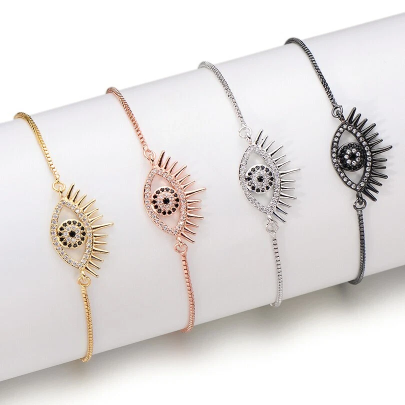 Evil Eye Rose Gold Plated Blue Round Cubic Zirconia Thin Adjustable Bracelet - Image 2 of 4