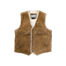 VTG 70s Chess King Men's Suede Tan Leather Sherpa Lined Vest Front Pockets Snap