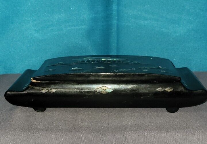 Japanese Cigarette Box w/ ashtray Black Lacquer Vintage Mother-of