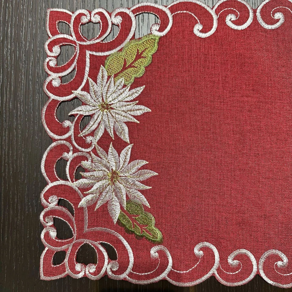 Set of 4 Red Vintage Christmas Embroidered Lace Placemats Table Mat Doily 11x17" - Image 2 of 4