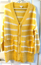 LULAROE NWOT Medium LUCILLE Cardigan Sweater Yellow White Striped V-Neck