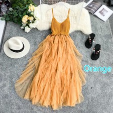 Women Sleeveless Prom Dresses Ruffled Mesh Knit Tulle Cute Lolita Gown Elegant