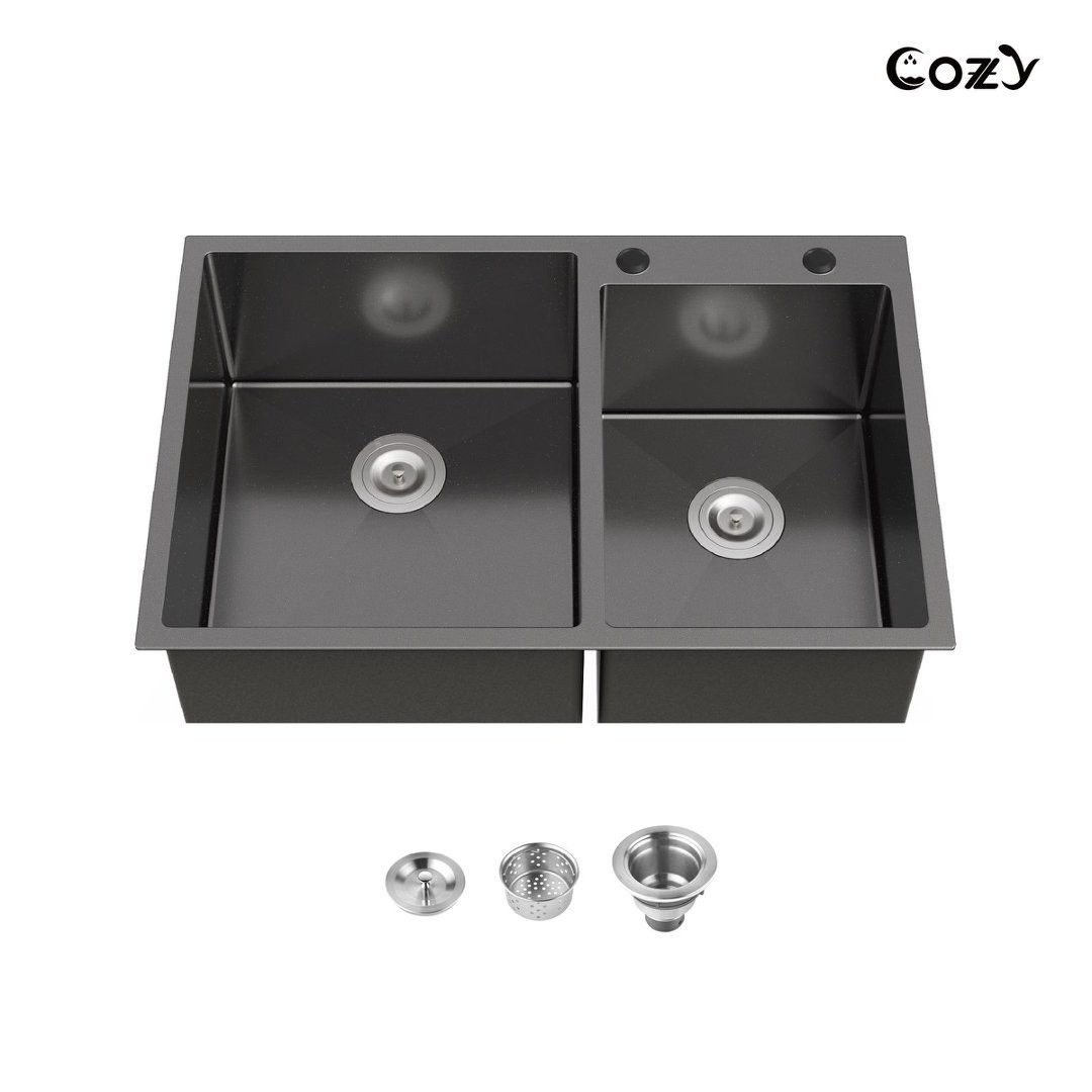 COZY Stainless Steel Kitchen Sink, 33" Double Bowl Black Overmount