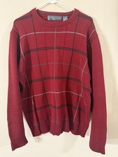 Oscar de la Renta Men  s L Crewneck Sweater Maroon Burgundy Red Plaid Cotton Knit