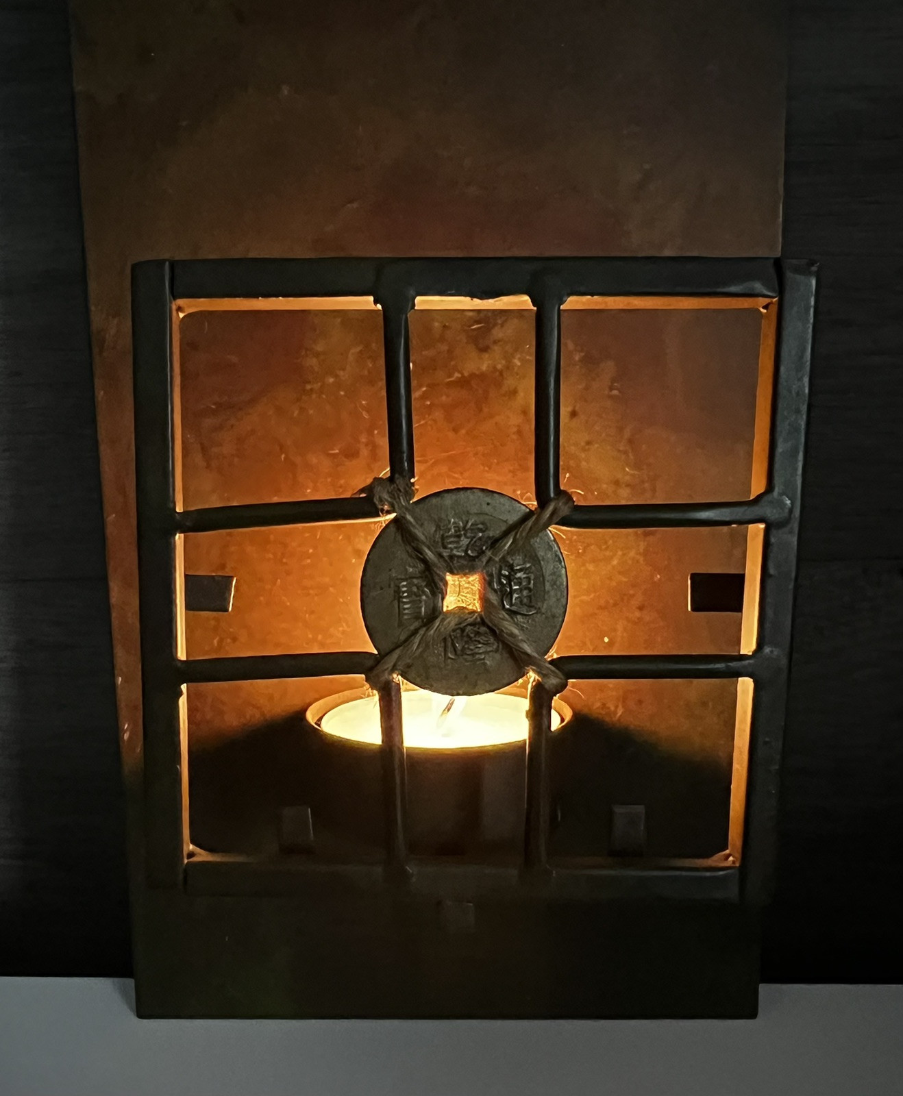 Rustic Asian Wall Sconce w/2 Tea Light Candle Holder Asian Coin Jute Rope Accent