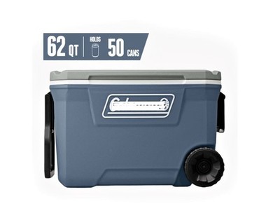 62 QT Wheeled Hard Chest Cooler Portable Rolling Ice Box Camping Outdoor Blue