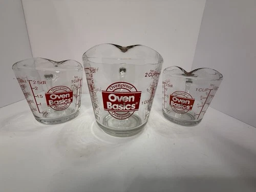 Vintage ANCHOR HOCKING OVEN BASICS Set of 1 & 2 CUP GLASS MEASURING CUPS-#496 !!