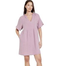 Old Navy Split Neck Crinkle Gauze Demi Swing Dress M Pockets Cotton Pink New