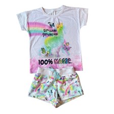 Girl 8 Justice Rainbow Magic Unicorn Llama Short Sleeve Fleece Shorts Pajama Set