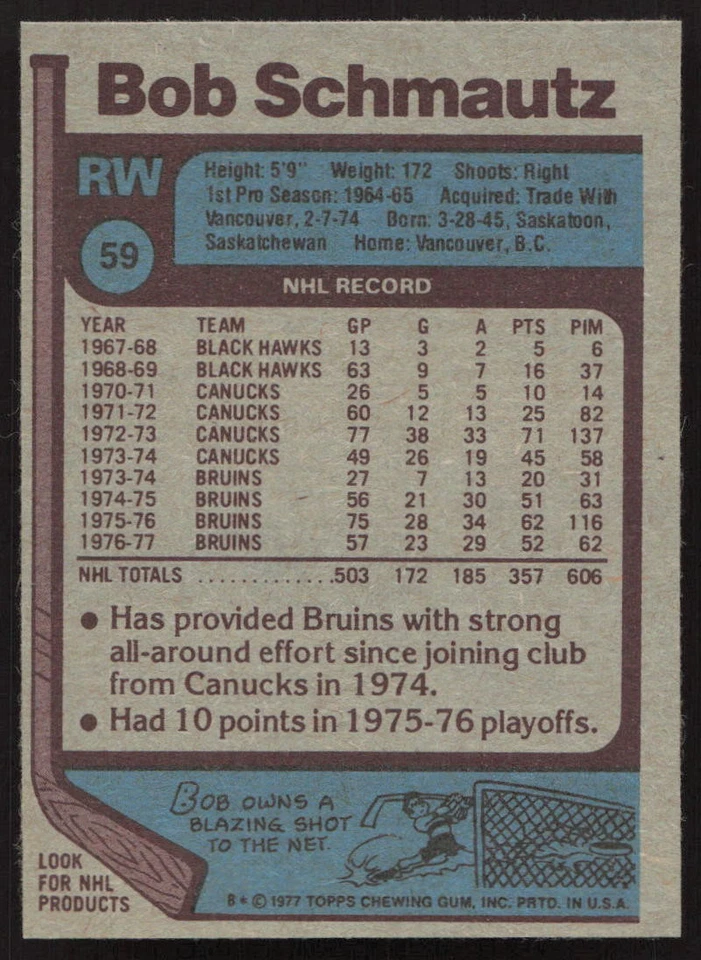 1977-78 Topps #59 Bobby Schmautz Boston Bruins NM-MT or Better! PACK FRESH! - Image 2 of 2