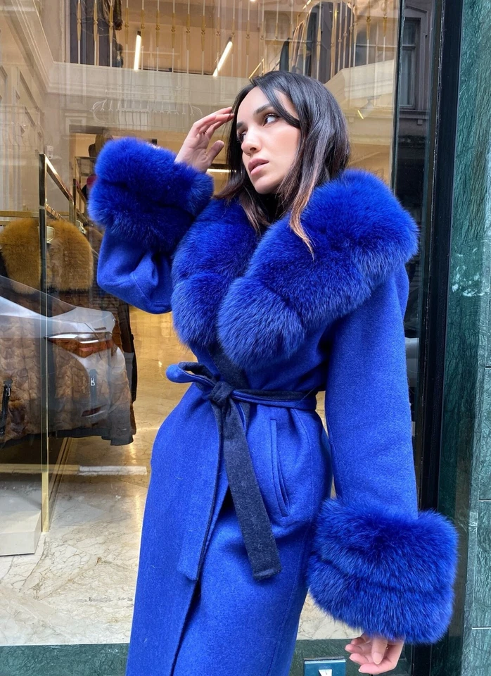 100% Alpaca Women's Winter Coat Real Fox Fur Long Overcoat Soft Stylish Blue - Image 4 of 4
