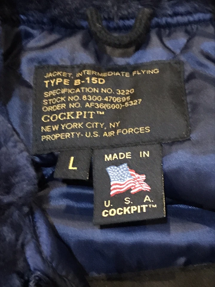 Chaqueta de bombardero de vuelo de nailon Cockpit EE. UU. tipo B-15D para hombre talla L hecha en EE. UU. USADA EN EXCELENTE ESTADO Foto 3 de 4