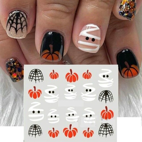 10PACK Nail Art Water Decals Stickers Halloween Pumpkins Spiders Web Mummy Ghost - Picture 2 of 12