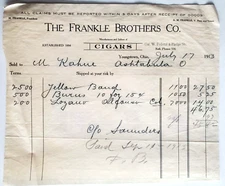 1913 Invoice, The Frankle Brothers Co., Cigars, Youngstown, Ohio