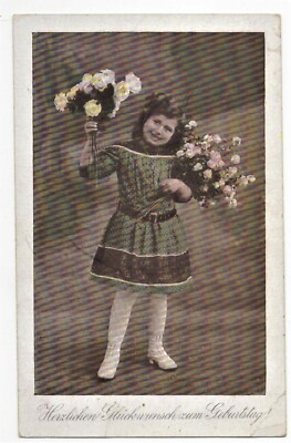 Postcard birthday, girl with bouquet of flowers