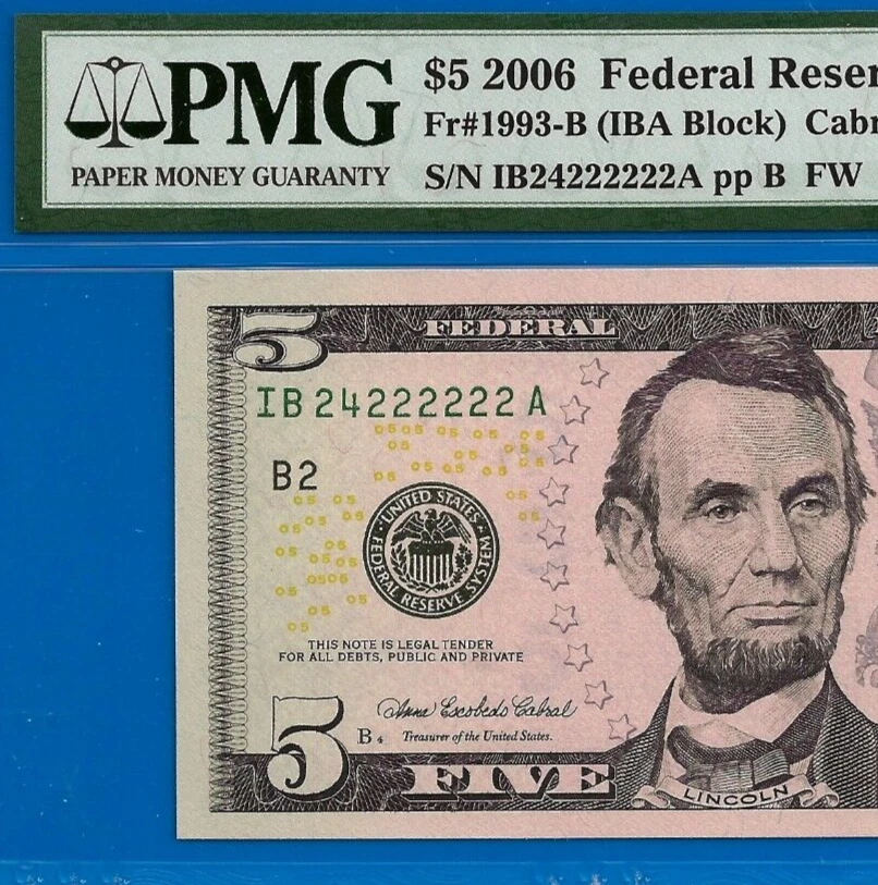 2006 $5 Federal Reserve Note PMG 67EPQ 2nd finest near solid serial 24222222 - Image 3 of 4