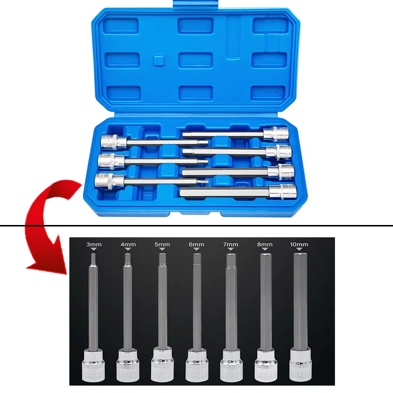 7Pcs 3/8" Drive 110mm Hex Wrench Bit Socket Allen Wrench Extra Long Set Metric - Image 2 of 4