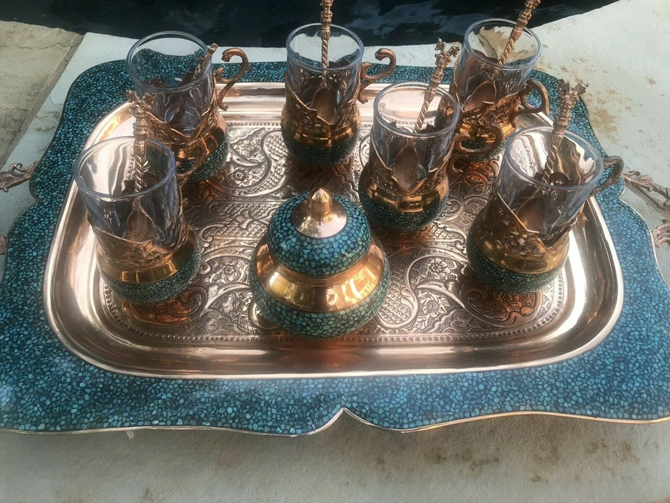 Persian Tea set Turquoise Stone & Copper   Made by Master Mr Aghajani,  NEW - Image 2 of 4