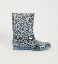 Girls Kids grey Leopard Print silver Glitter Wellies wellington boots