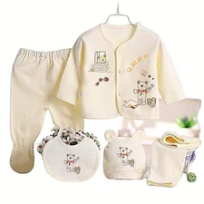 5-Piece Newborn Baby Outfit Set – Unisex Cotton Clothes (Top, Pants, Hat, Bib)