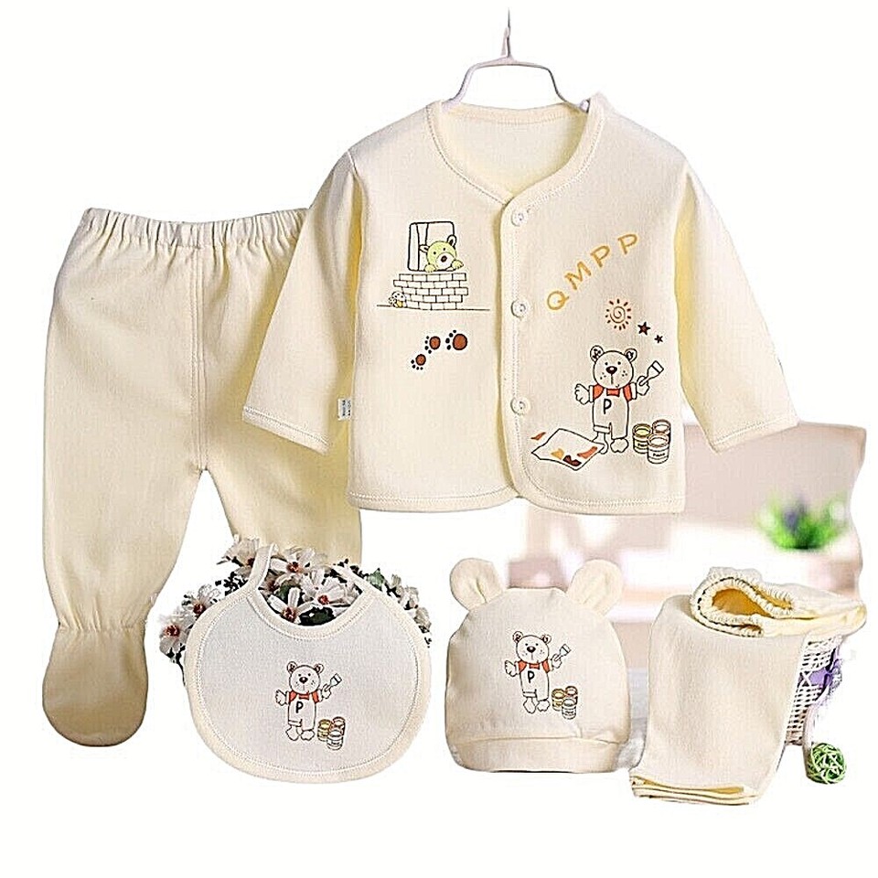 5-Piece Newborn Baby Outfit Set – Unisex Cotton Clothes (Top, Pants, Hat, Bib)