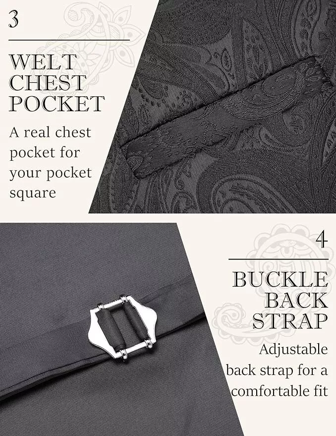 COOFANDY Men's 3PC Set Paisley Floral Jacquard Vest, Necktie & Pocket Square NIB - Image 4 of 4