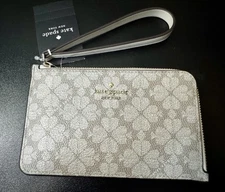 Kate Spade Lucy Flower Small L-Zip Wristlet Dark Beige, New