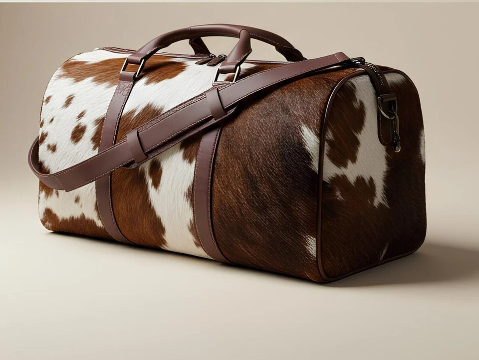 Bolso de Lona de Cuero de Vaca de Lujo | Bolso de Fin de Semana Unisex Cabello Natural en Piel Foto 3 de 4