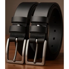 Leather Mens Belt - 2 Pack Black Dress Belts with Classic Buckle by Viqtta
