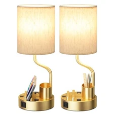 Gold Bedside Table Lamps for Bedroom Set of 2 - Nightstand Light Cream & Gold