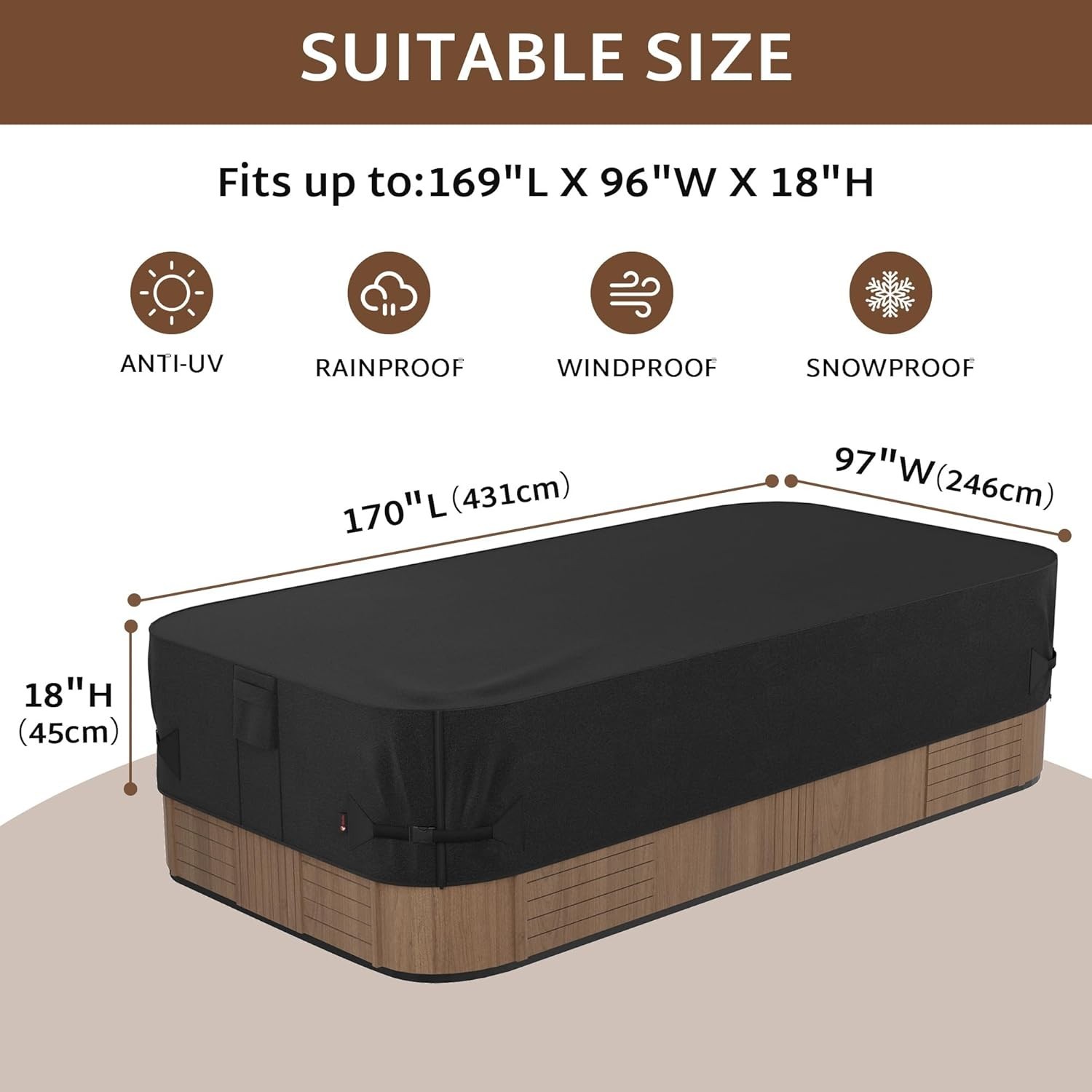 Outdoor Waterproof Hot Tub Swim SPA Cover 170 X 97 Inch Fit 8 X 14 Ft, 168 X 96,