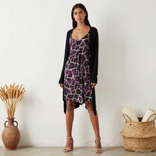 Plus Size Glam Midi Dress Black Purple Animal Print Shift Long Sleeve XL